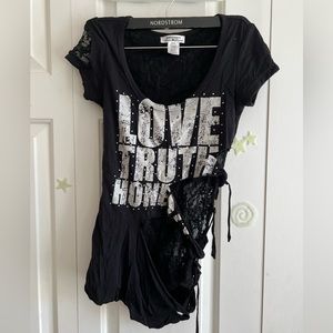 Black lace love tee with sparkly pearls.